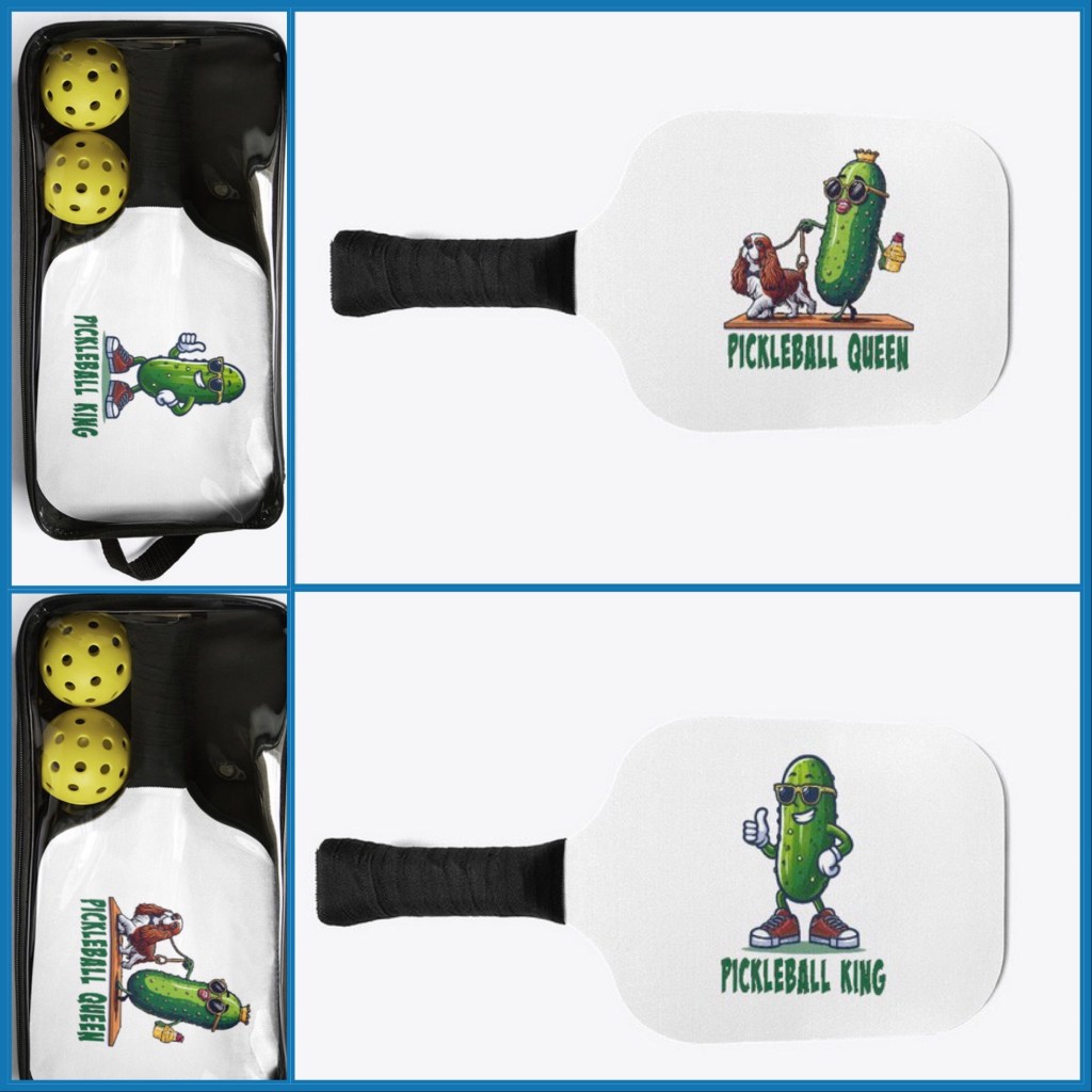 Pickleball king giving a thumbs up and pickleball queen walking a dog.