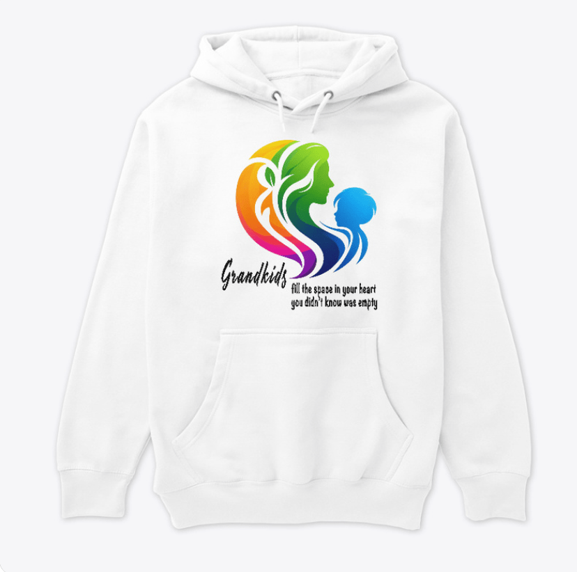 White hoodie with a colorful logo of a grandma and child