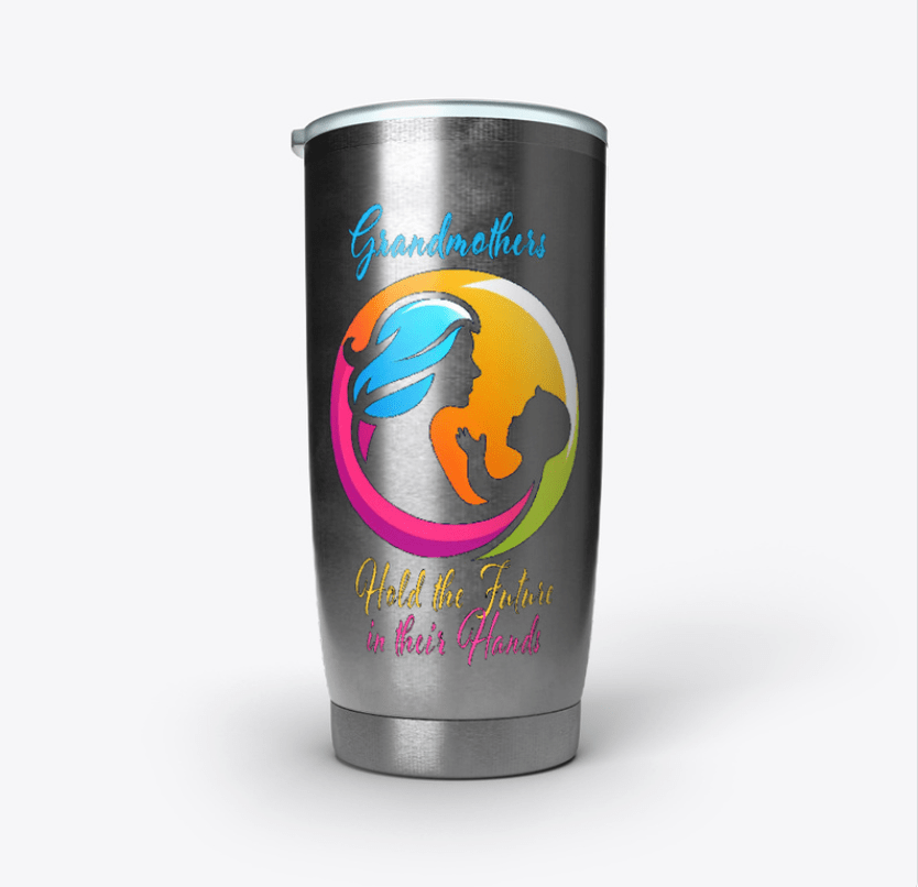Stainless tumbler with bright logo showing grandmother holding baby