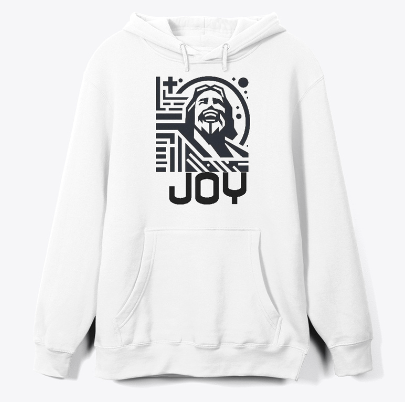White hoodie with a silhouette of Jesus laughing
