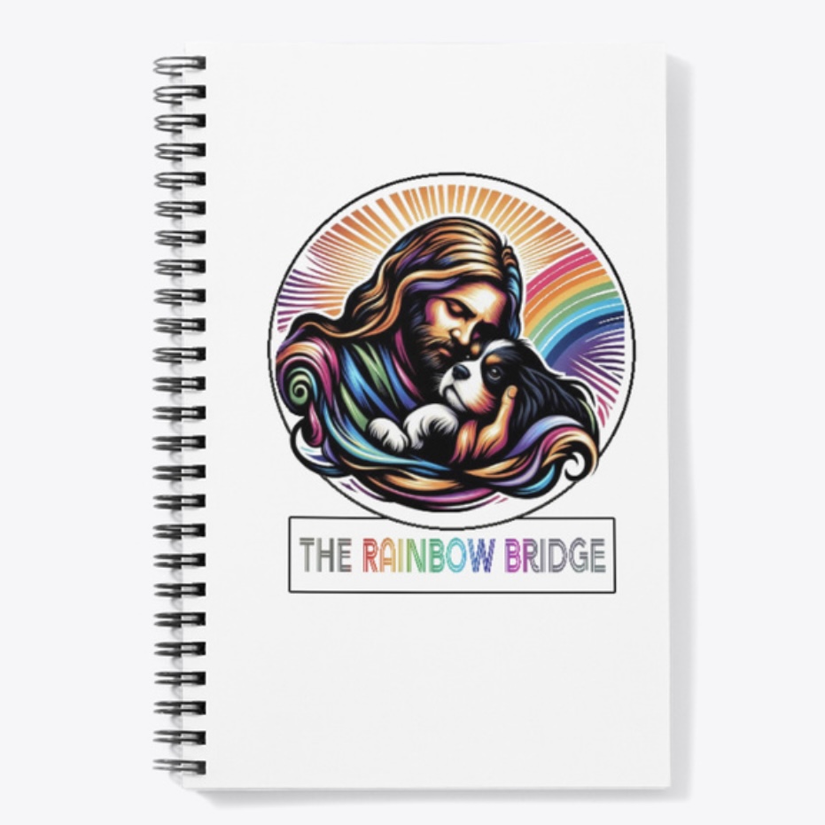 Jesus holding a tri-colored Cavalier King Charles Spaniel with the caption The Rainbow Bridge