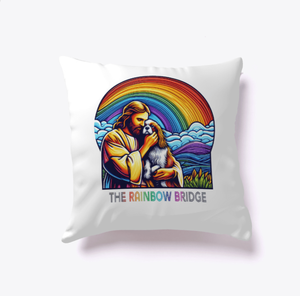 Jesus holding a Cavalier King Charles Spaniel with a rainbow in the background