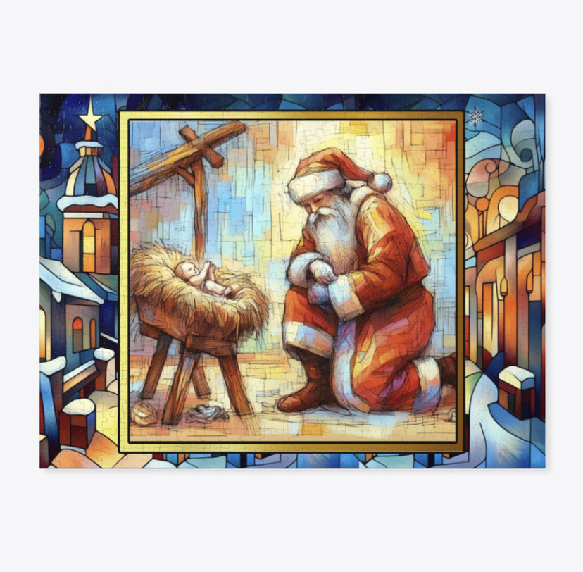 Santa kneeling at the manger of baby Jesus