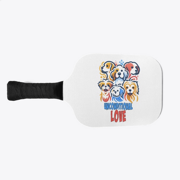 Pickleball paddle with six cute dogs that says unconditional love