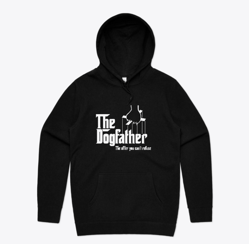 The Dogfather logo in the theme of The Godfather on a black hoodie