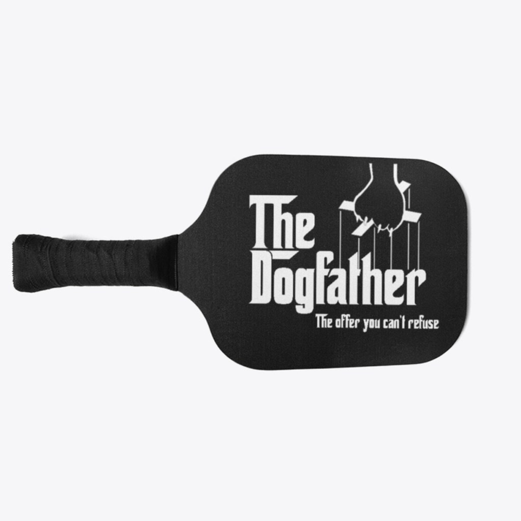 Pickleball paddle with The Dogmother logo in the theme of The Godfather movie